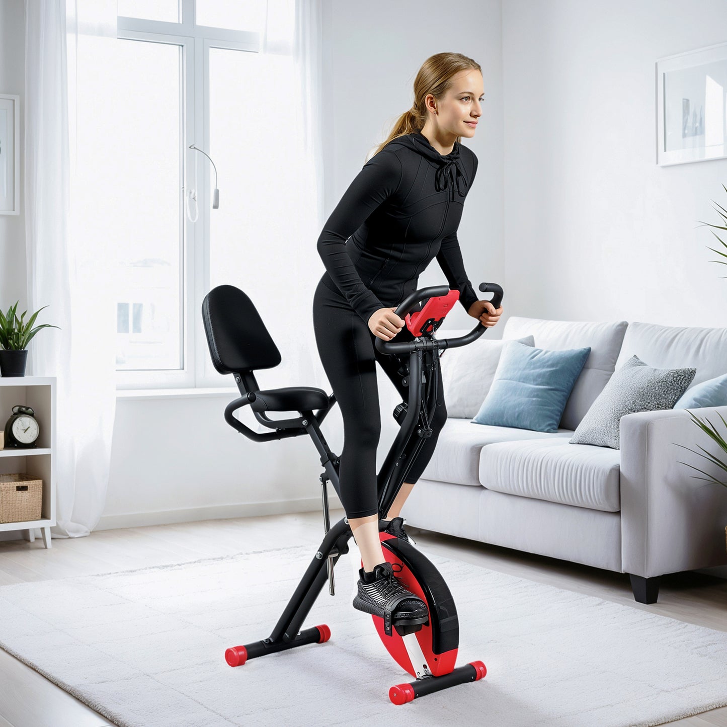 SPORTNOW 5-In-1 Folding Exercise Bike with Arm Workout Bands, Quiet 8-Level Magnetic Resistance Foldable Exercise Bike with LCD, Tablet Holder, Hand Pulse Sensor for Home Use Indoor Cycling