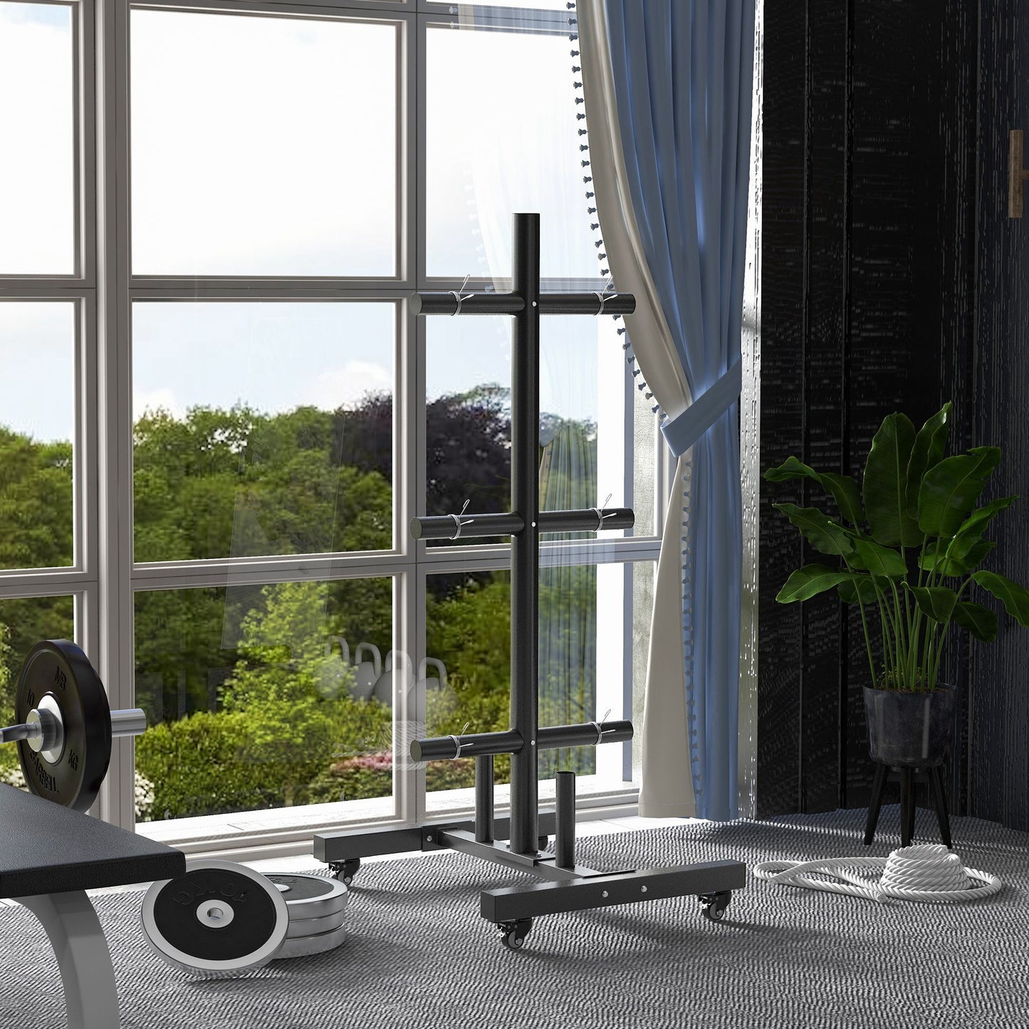 SPORTNOW Weight Rack for Olympic Weight Plate, 3 Tier Weight Tree for 2 inch Plates and Bars, Weight Organiser Stand with 4 Transport Wheels and Clamps for Home Gym, Max Load 200kg, Black