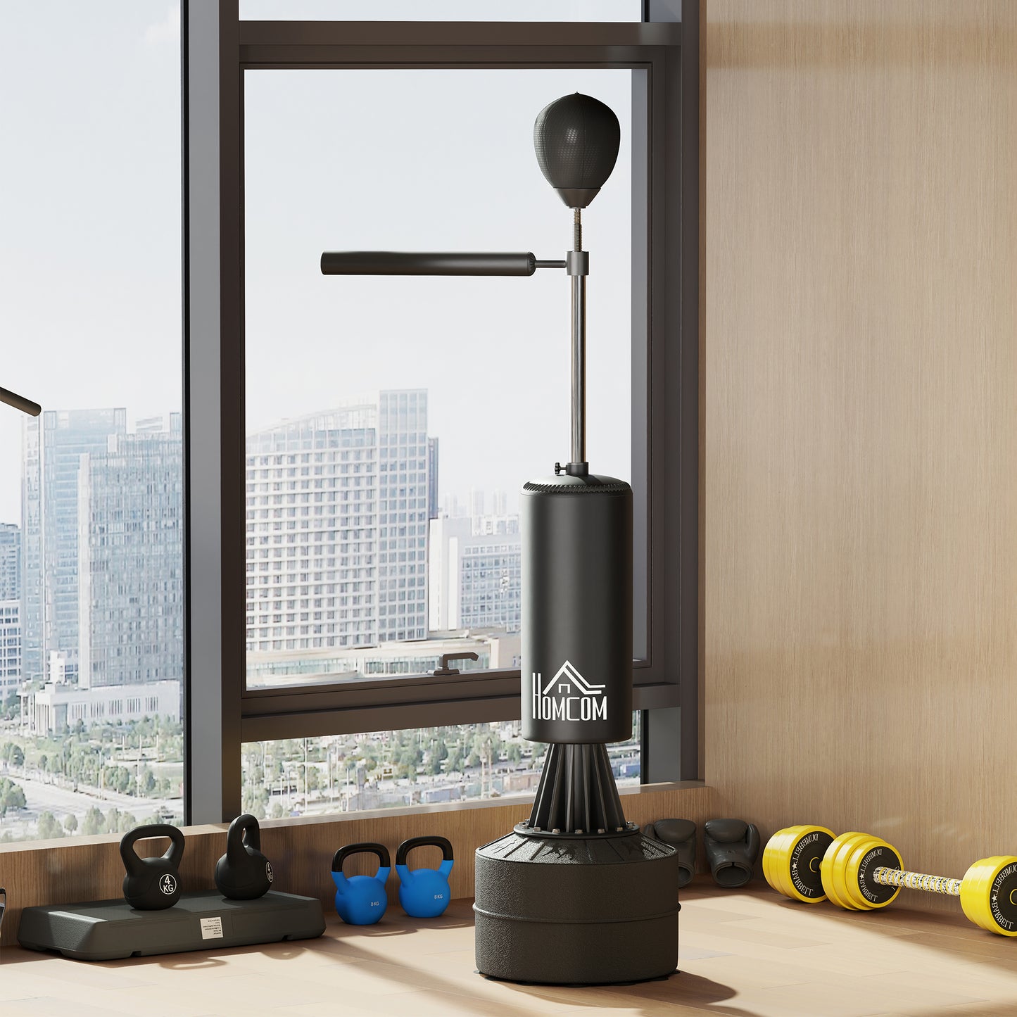 HOMCOM 155-205cm 3-IN-1 Freestanding Boxing Punching Bag Stand, Boxing Speed Trainer with Rotating Flexible Arm, Speed Ball, Fillable Base