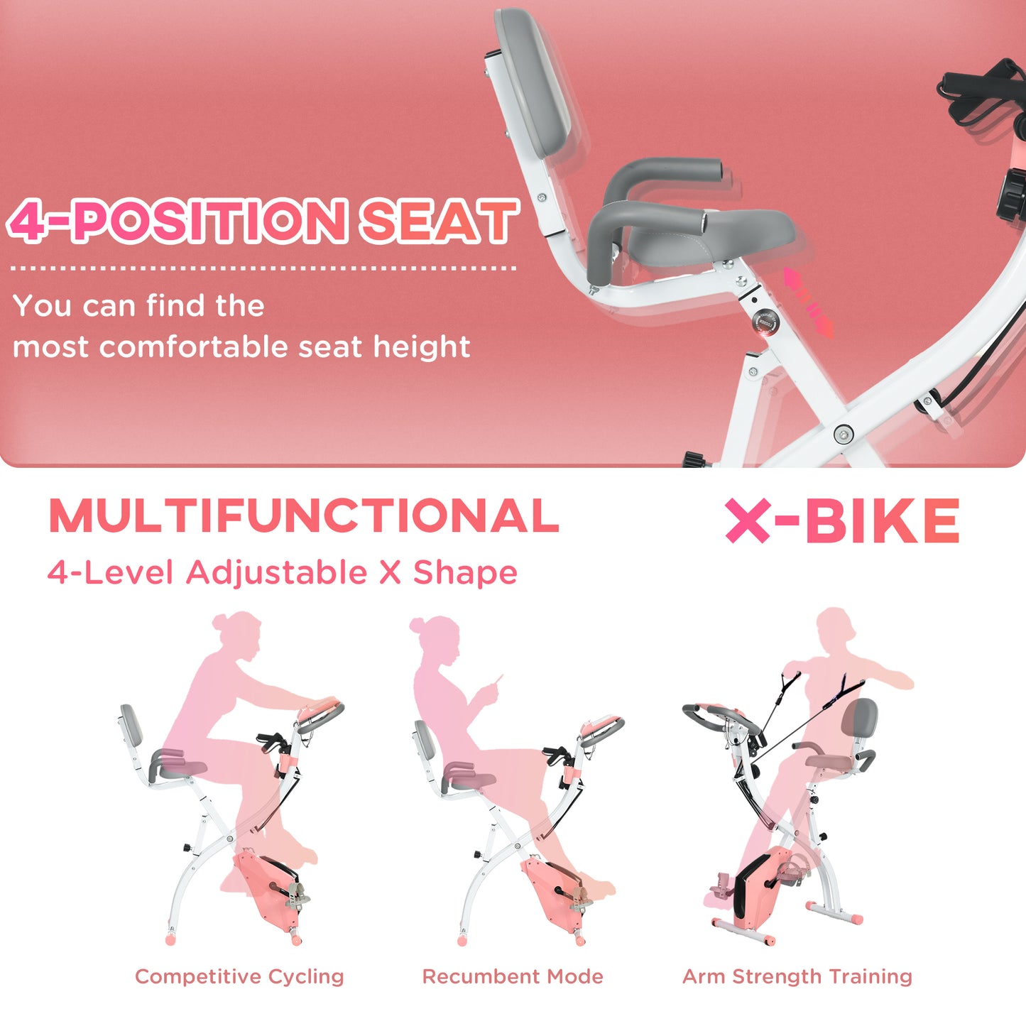 HOMCOM 2-in-1 Folding Exercise Bike with 8-Level Magnetic Resistance, Arm Resistance Band, Pulse Sensor
