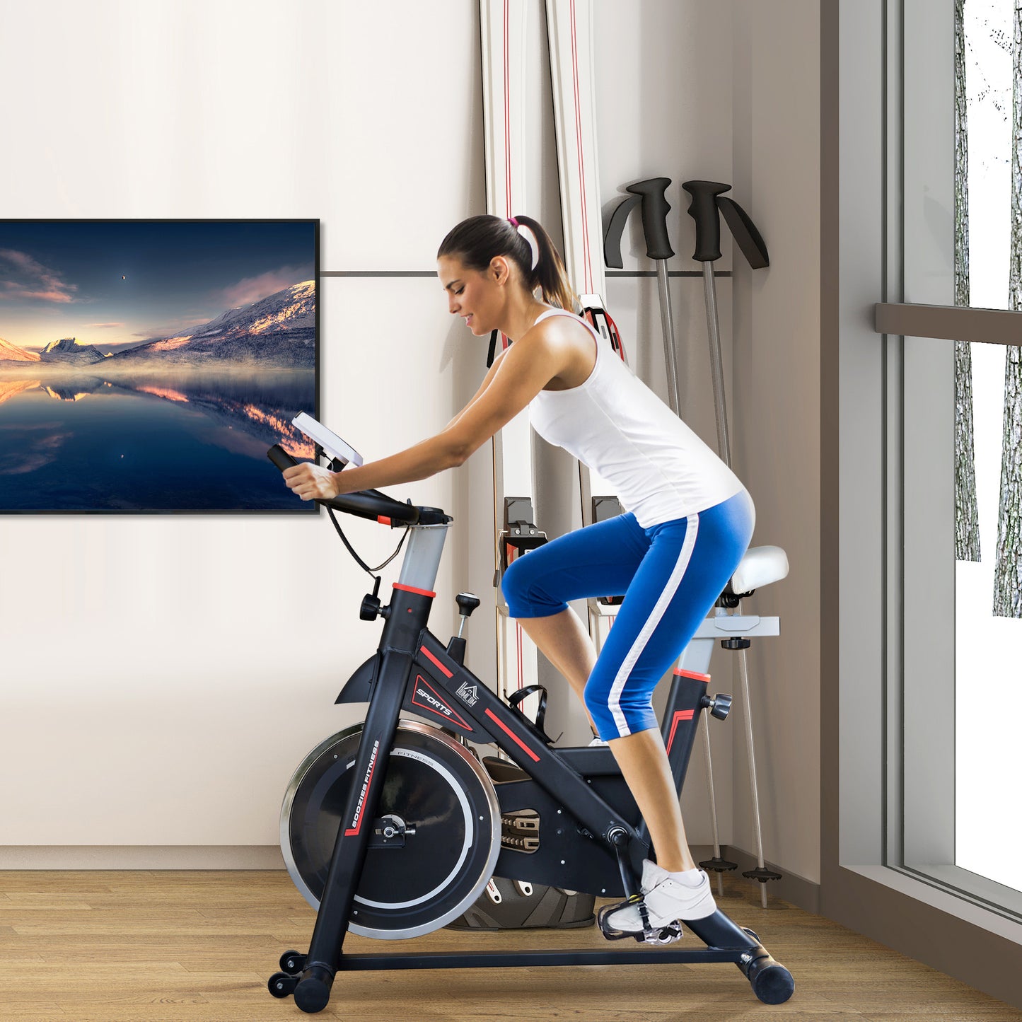 HOMCOM Exercise Bike, Indoor Cycling, with LCD Display, Heart Rate, Sensor