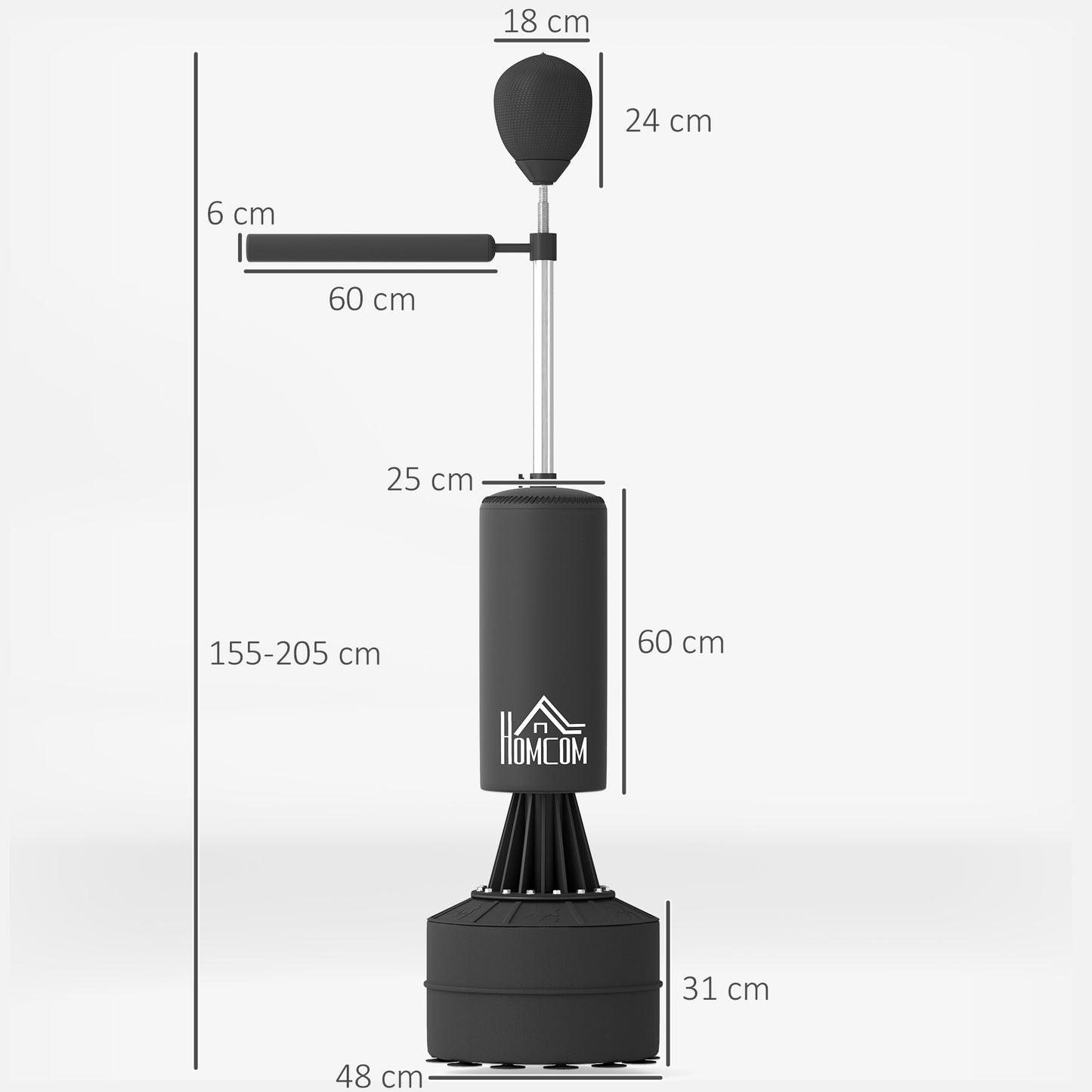 HOMCOM 155-205cm 3-IN-1 Freestanding Boxing Punching Bag Stand, Boxing Speed Trainer with Rotating Flexible Arm, Speed Ball, Fillable Base