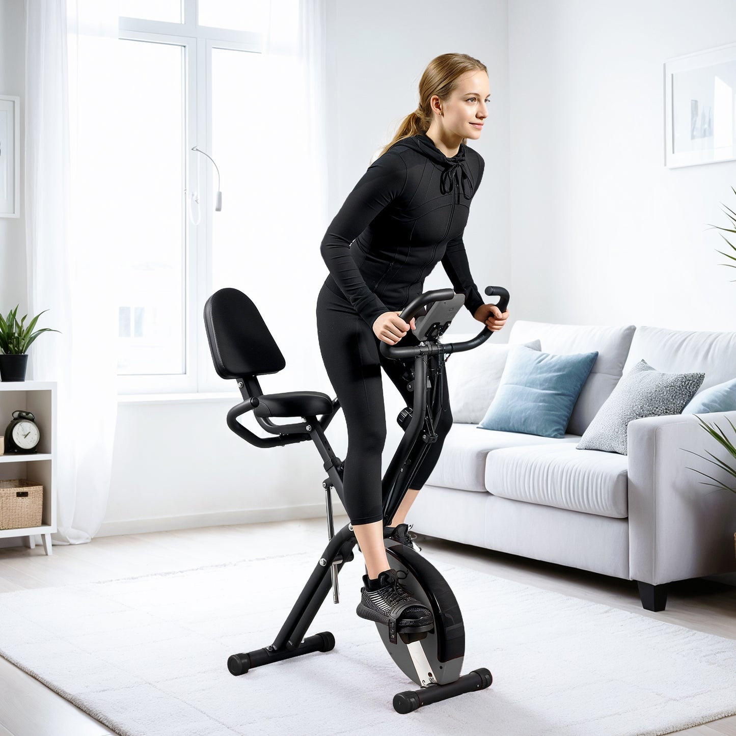SPORTNOW 5-In-1 Folding Exercise Bike with Arm Workout Bands, Quiet 8-Level Magnetic Resistance Foldable Exercise Bike with LCD, Tablet Holder, Hand Pulse Sensor for Home Use Indoor Cycling