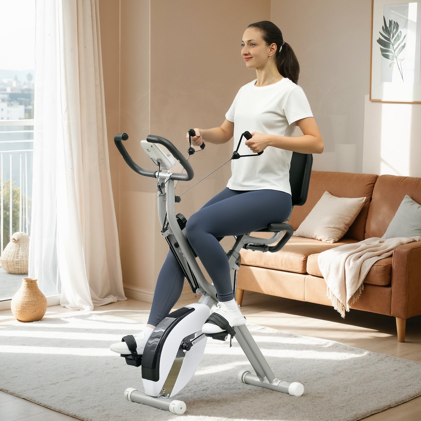 SPORTNOW 5-In-1 Folding Exercise Bike with Arm Workout Bands, Quiet 8-Level Magnetic Resistance Foldable Exercise Bike with LCD, Tablet Holder, Hand Pulse Sensor for Home Use Indoor Cycling