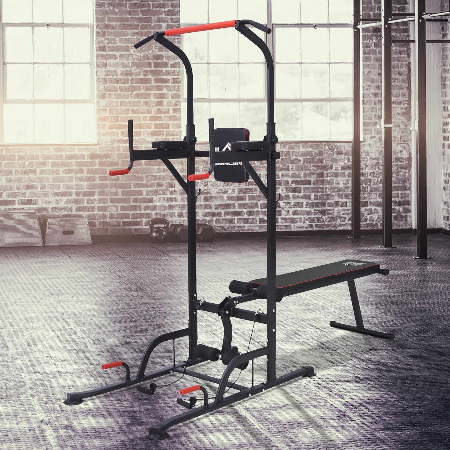 HOMCOM Multifunction Power Tower Home Workout Dip Station w/ Sit-up Bench Push-up Bars and Tension Ropes Fitness Equipment Office Gym Training