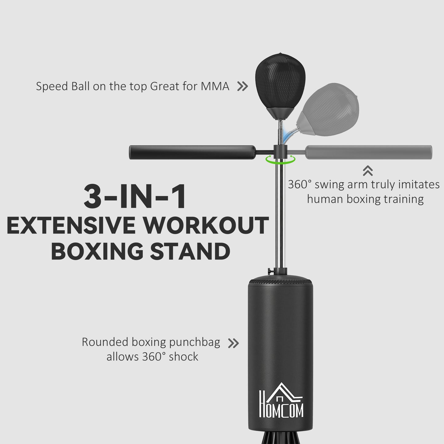HOMCOM 155-205cm 3-IN-1 Freestanding Boxing Punching Bag Stand, Boxing Speed Trainer with Rotating Flexible Arm, Speed Ball, Fillable Base