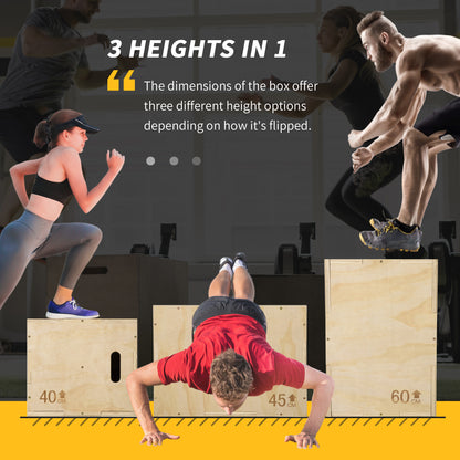 HOMCOM 3-in-1 Wooden Plyo Box, Plyometric Jump Box with Handle Openings for Home Gym, Workout Training, Natural