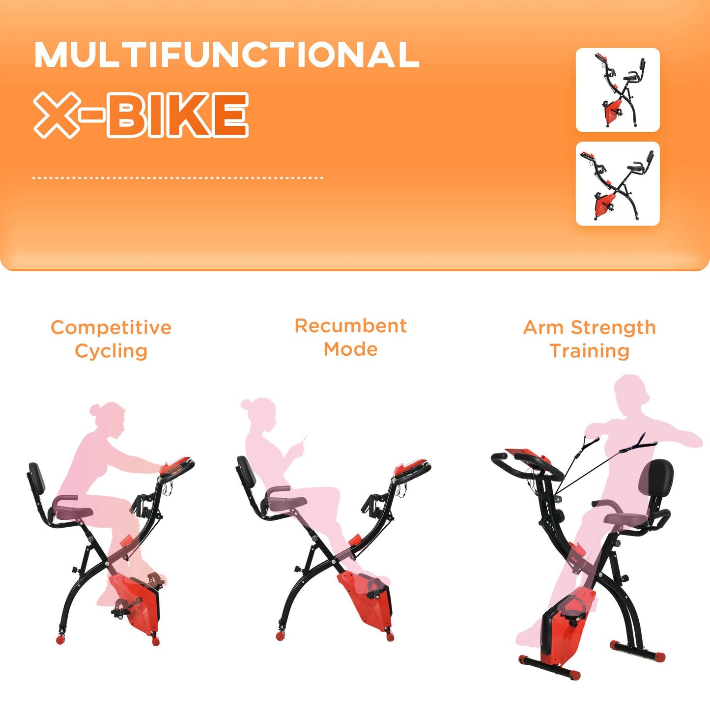 HOMCOM 2-in-1 Folding Exercise Bike with 8-Level Magnetic Resistance, Arm Resistance Band, Pulse Sensor