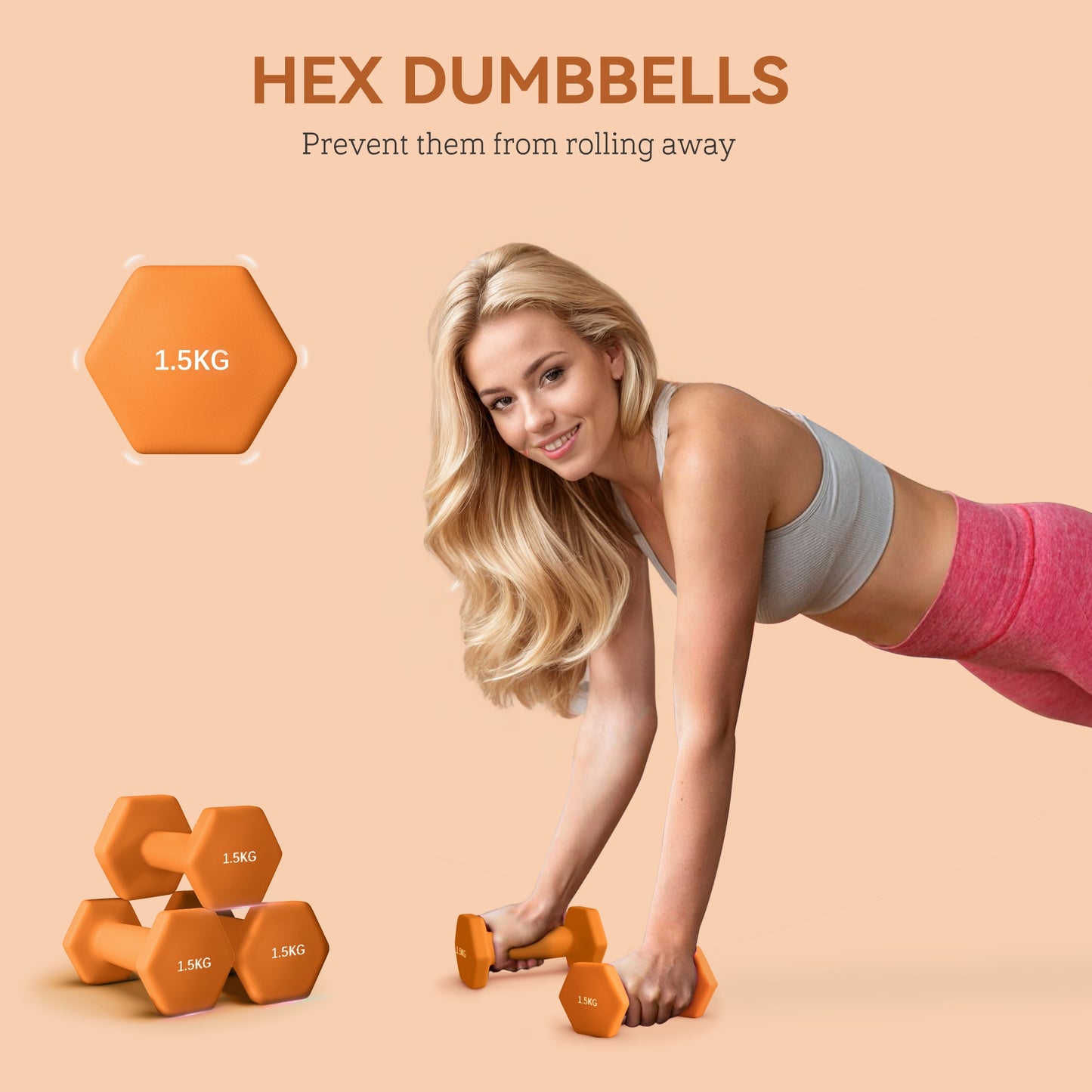 SPORTNOW 2 x 1.5kg Hexagonal Dumbbells Weights Set with Non-Slip Grip for Home Gym Workout