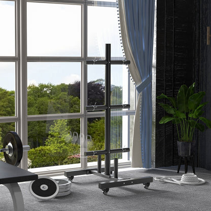 SPORTNOW Weight Rack for Olympic Weight Plate, 3 Tier Weight Tree for 2 inch Plates and Bars, Weight Organiser Stand with 4 Transport Wheels and Clamps for Home Gym, Max Load 200kg, Black