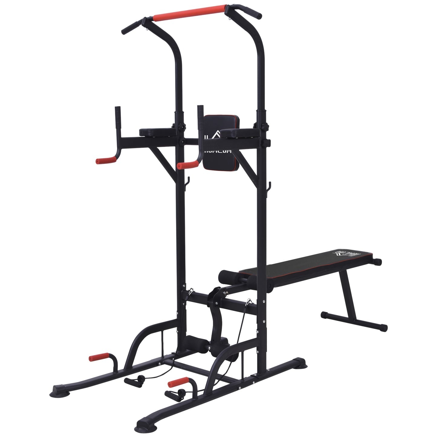HOMCOM Multifunction Power Tower Home Workout Dip Station w/ Sit-up Bench Push-up Bars and Tension Ropes Fitness Equipment Office Gym Training