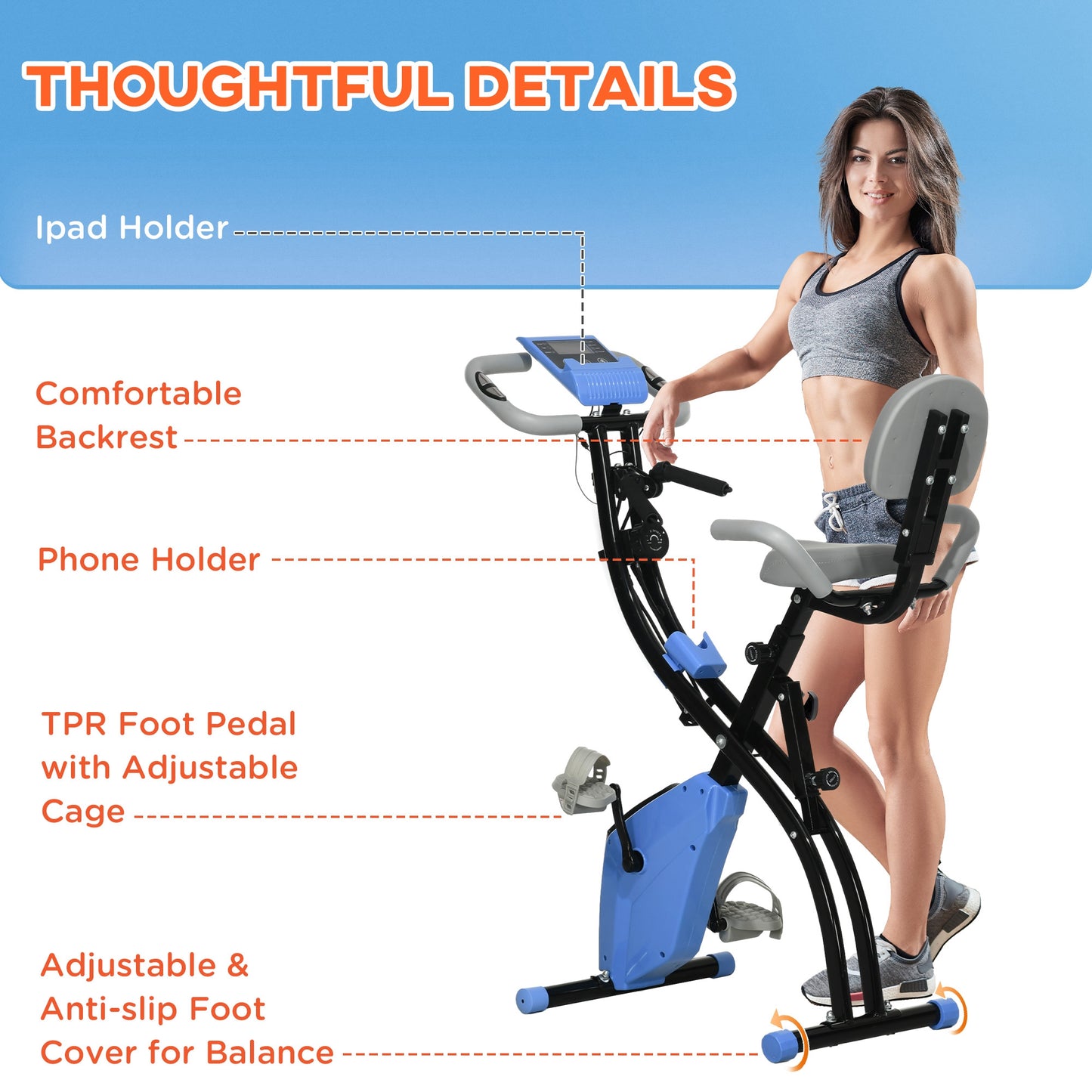 HOMCOM 2-in-1 Folding Exercise Bike with 8-Level Magnetic Resistance, Arm Resistance Band, Pulse Sensor