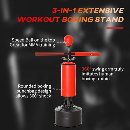 HOMCOM 155-205cm 3-IN-1 Freestanding Boxing Punching Bag Stand, Boxing Speed Trainer with Rotating Flexible Arm, Speed Ball, Fillable Base
