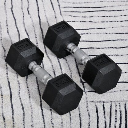 HOMCOM 2x6kg Hex Dumbbells Set Rubber Dumbbells Weight Lifting Equipment Fitness Home Gym
