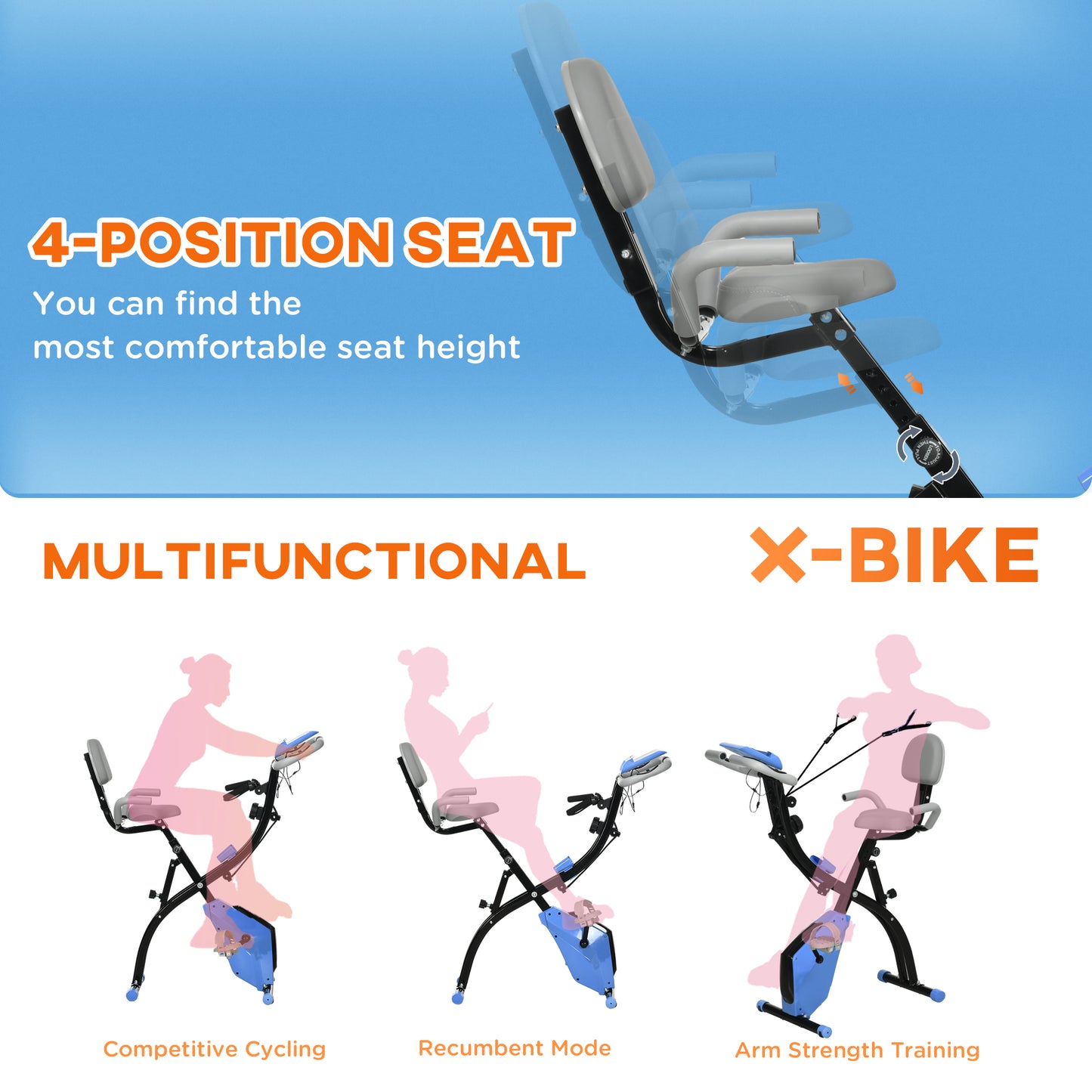 HOMCOM 2-in-1 Folding Exercise Bike with 8-Level Magnetic Resistance, Arm Resistance Band, Pulse Sensor