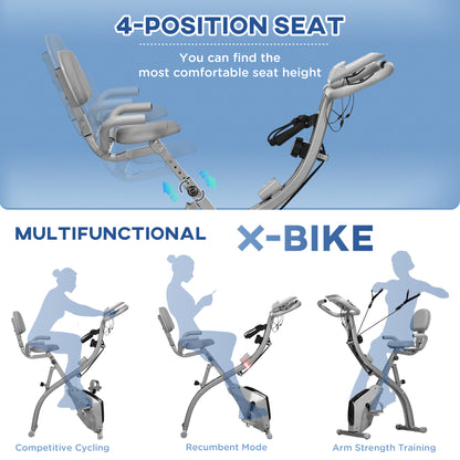HOMCOM 2-in-1 Folding Exercise Bike with 8-Level Magnetic Resistance, Arm Resistance Band, Pulse Sensor