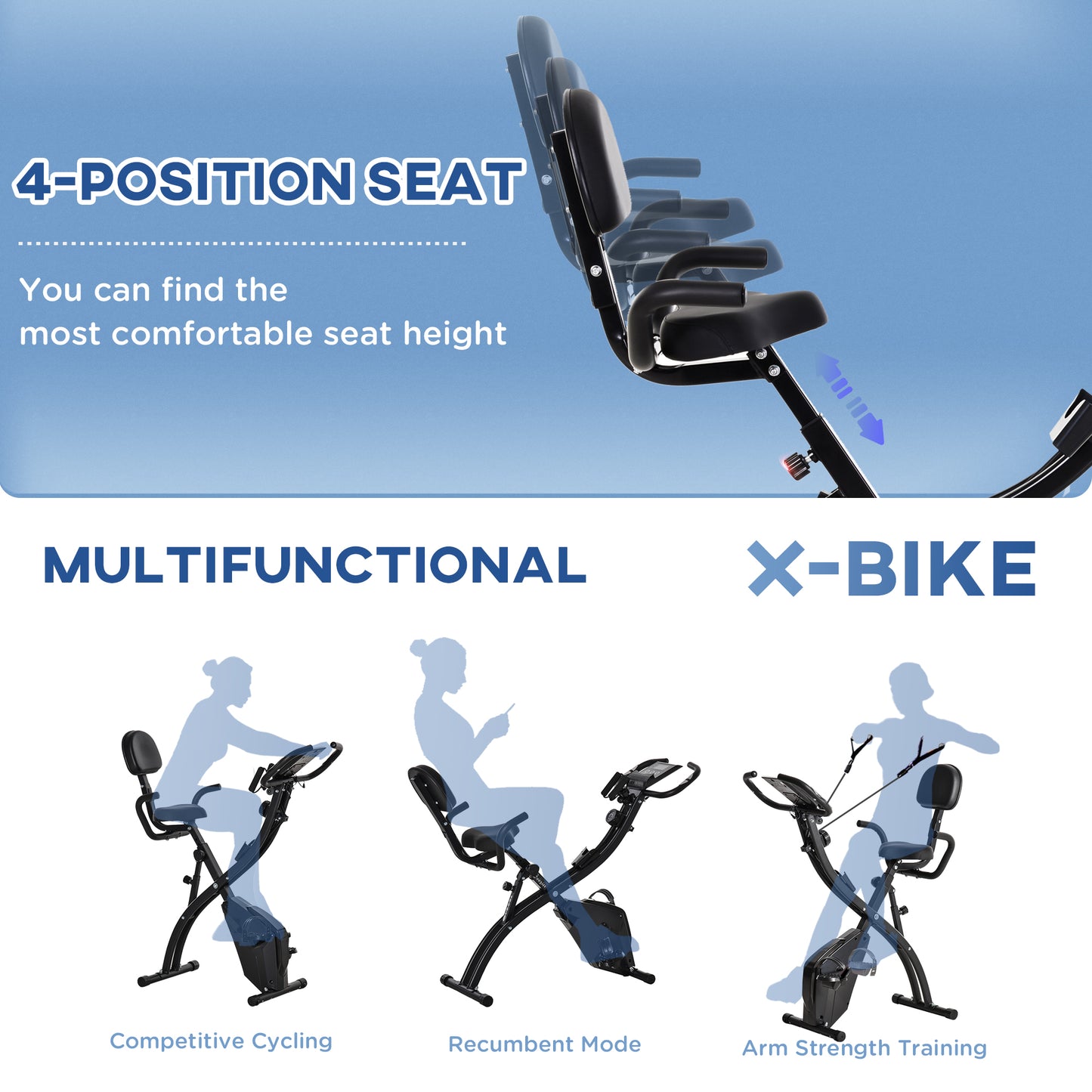 HOMCOM 2-in-1 Folding Exercise Bike with 8-Level Magnetic Resistance, Arm Resistance Band, Pulse Sensor