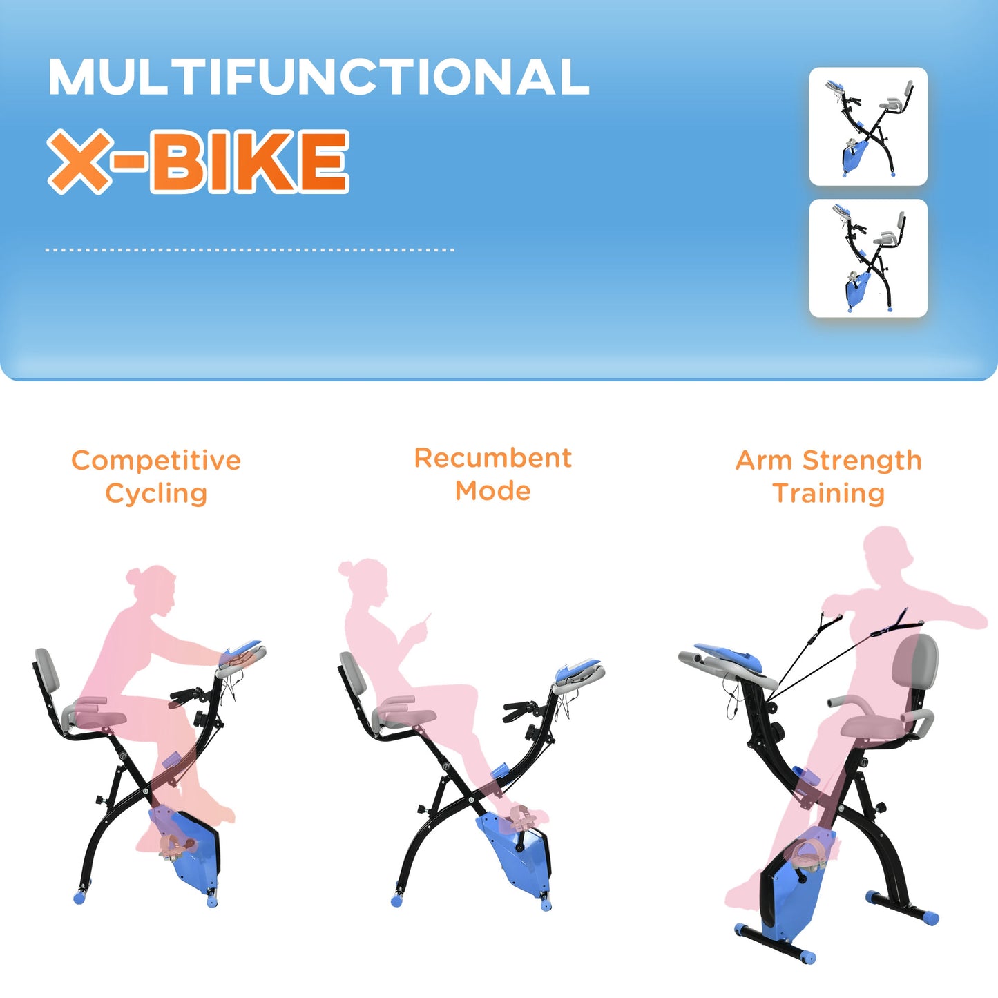 HOMCOM 2-in-1 Folding Exercise Bike with 8-Level Magnetic Resistance, Arm Resistance Band, Pulse Sensor