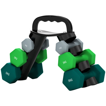 SPORTNOW Dumbbells Set with Carry Storage Rack, Set of 6 Weights for Home Gym Kettlebell Training Weight Lifting Exercise, 2 x 1kg, 2 x 3kg, 2 x 5kg