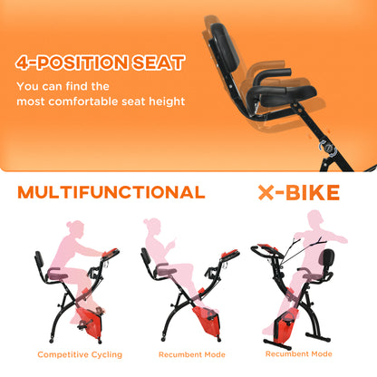 HOMCOM 2-in-1 Folding Exercise Bike with 8-Level Magnetic Resistance, Arm Resistance Band, Pulse Sensor