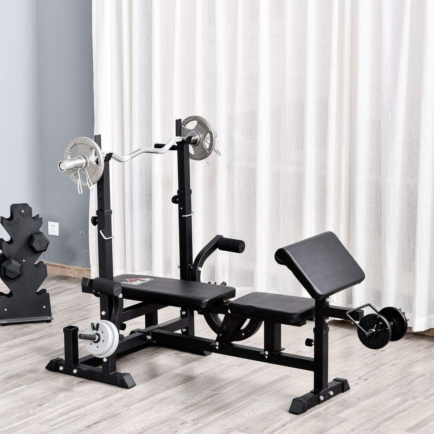 HOMCOM Multi-Exercise Full-Body Weight Rack with Bench Press, Leg Extension, Chest Fly Resistance Band & Preacher Curl
