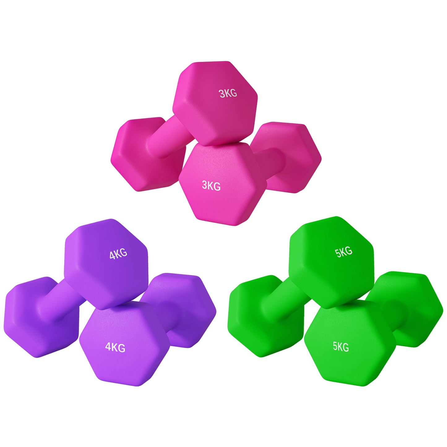 SPORTNOW Set of 6 Hex Dumbbells, Neoprene Weights Pair with Non-Slip Grip, Home Gym Fitness Training Equipment, 2 x 3kg, 2 x 4kg, 2 x 5kg, Pink, Purple, Green