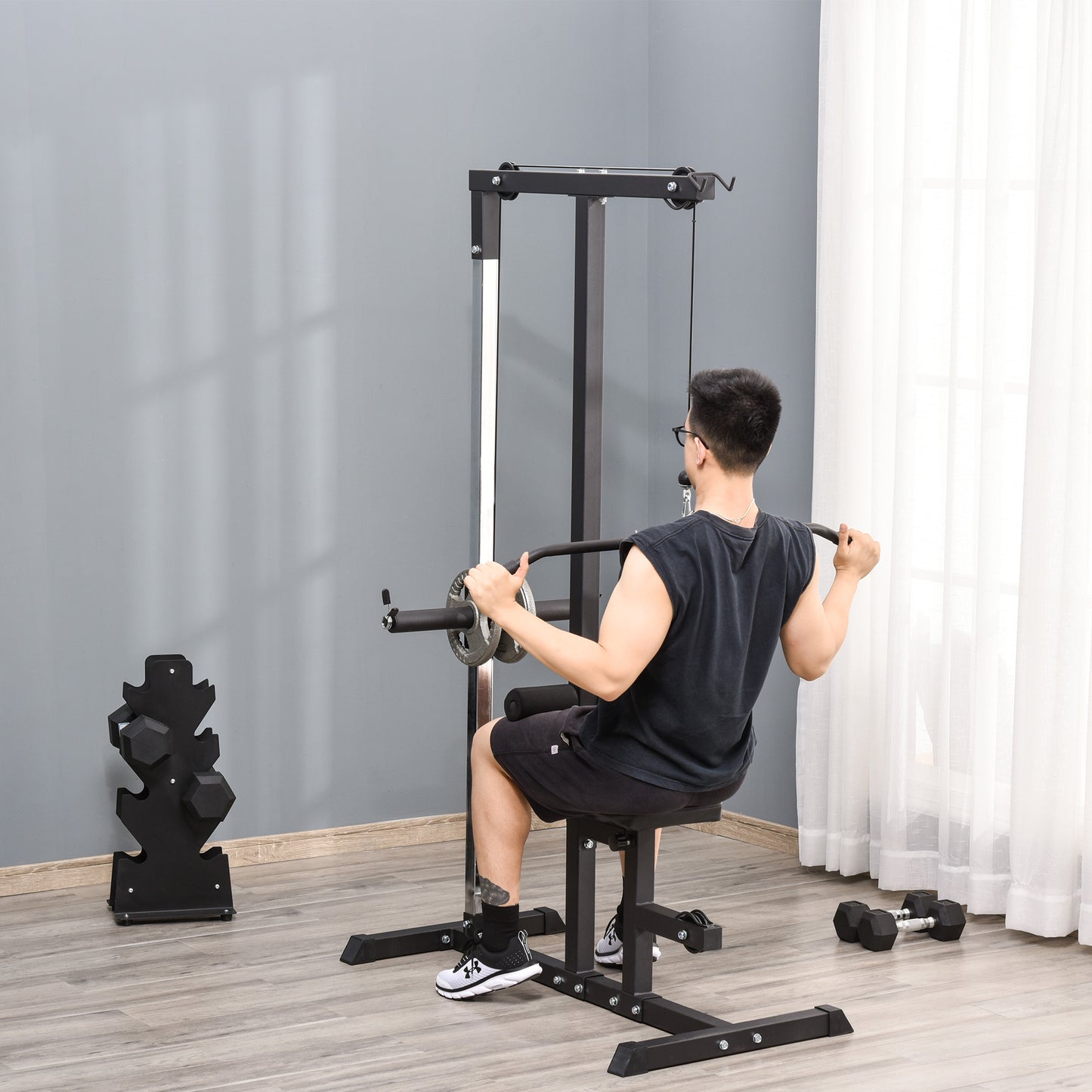 HOMCOM Exercise Pulley Machine Power Tower with Adjustable Seat Cable Positions