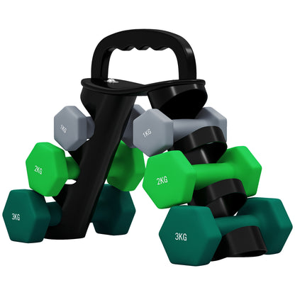 SPORTNOW Dumbbells Set with Carry Storage Rack, Set of 6 Weights for Home Gym Kettlebell Training Weight Lifting Exercise, 2 x 1kg, 2 x 2kg, 2 x 3kg